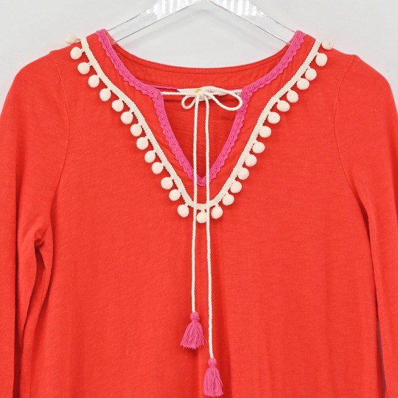 Boden Kasia Jersey Tunic Dress Womens 6 Red Pom Pom Trim Tassel Tie Relaxed Boho - Picture 8 of 13